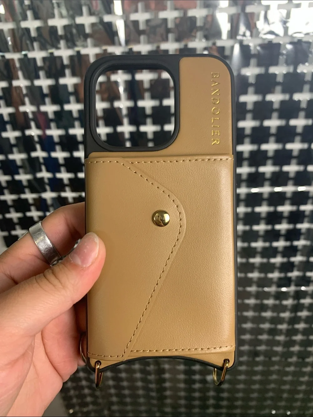 Bandolier Tan Leather Phone Case with Gold Hardware and Card Pocket